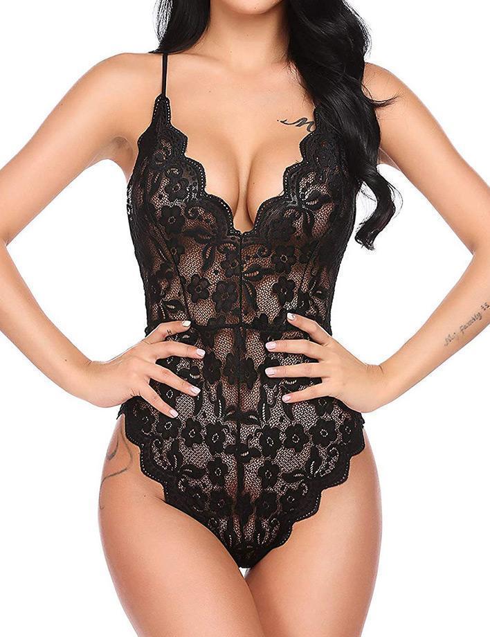 Lace See Through V-Neck Teddy - Missbodybra