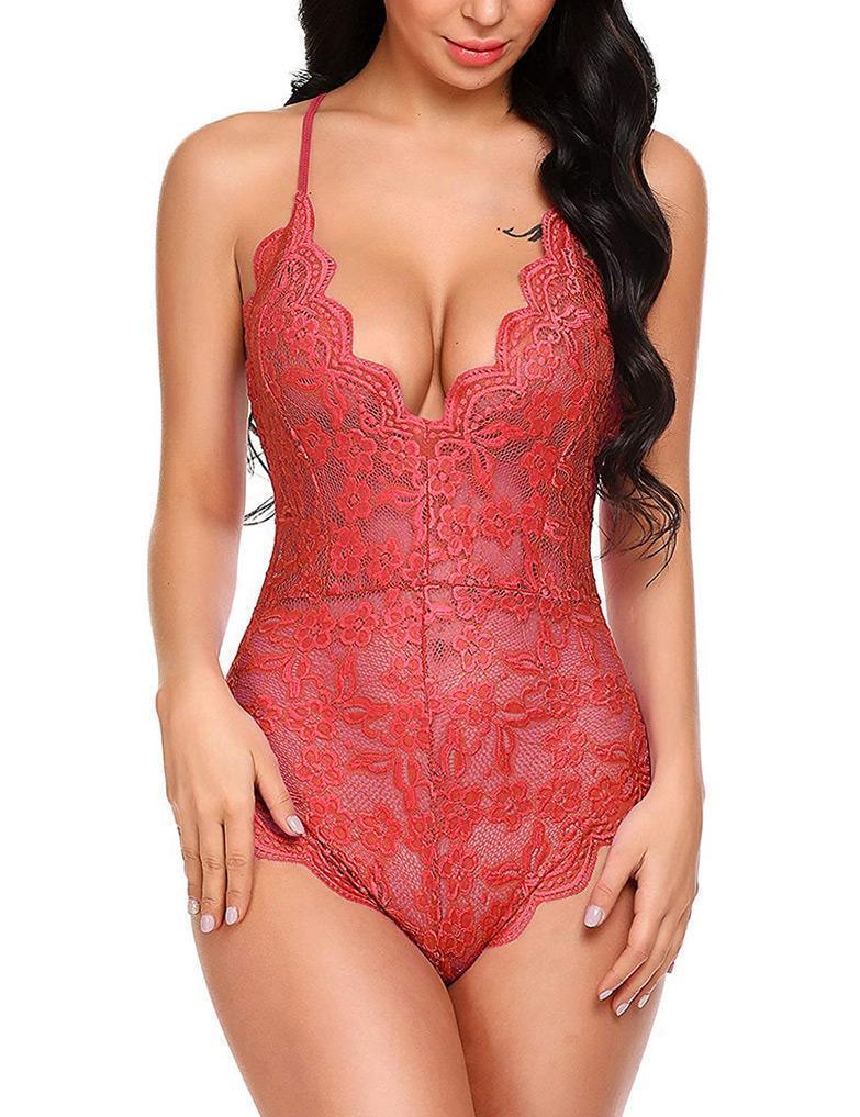 Lace See Through V-Neck Teddy - Missbodybra
